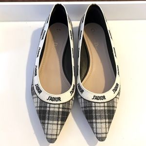 DIOR Canvas Tartan J'Adior Embroidered Ballet Flats Black White 39.5